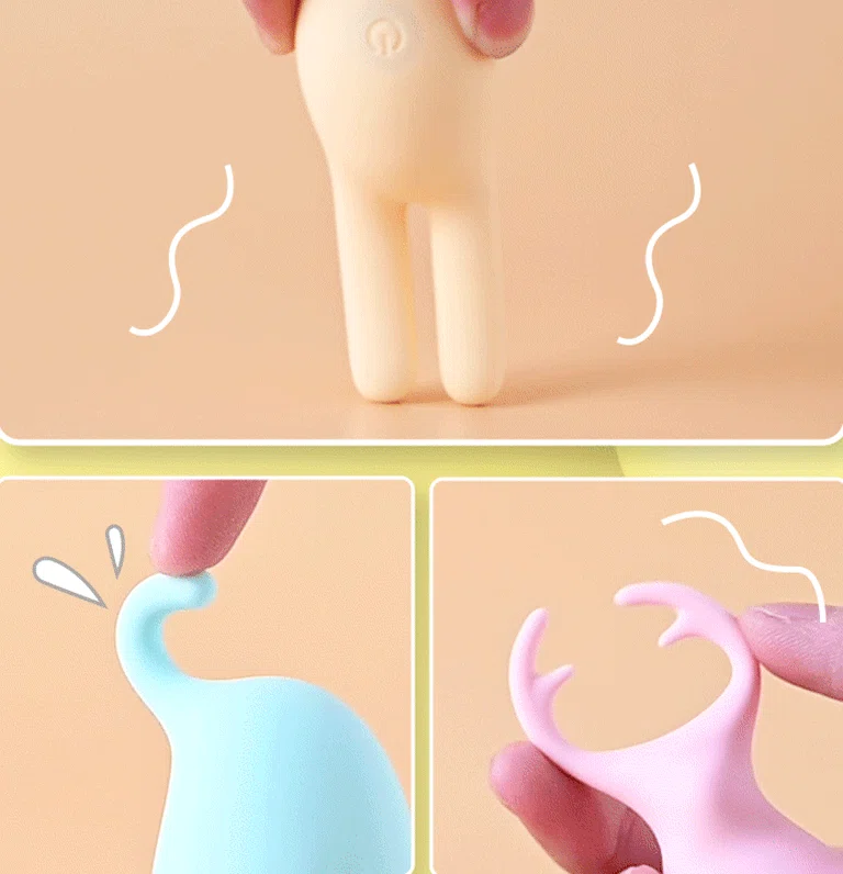Multi-panel shot demonstrating the extreme flexibility and soft tactility of the silicone tips on various animal-shaped intimacy tools.