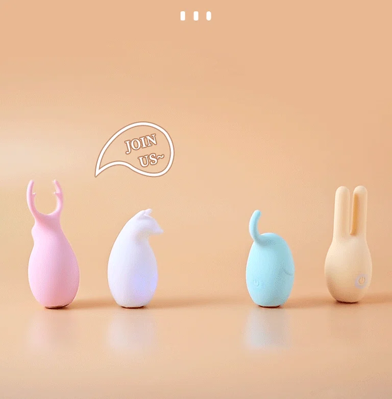 Four mini animal-themed pleasure devices standing in a row, highlighting the discreet and playful aesthetic of the Forest Elf adult toy collection.
