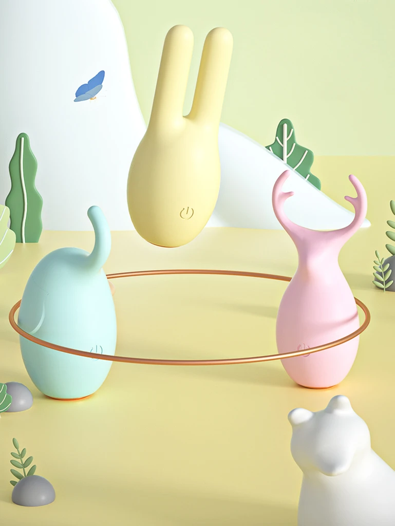 The Forest Elf intimacy collection displayed in a whimsical nature-themed setting, showcasing the varied ergonomic shapes of these soft silicone vibrators.