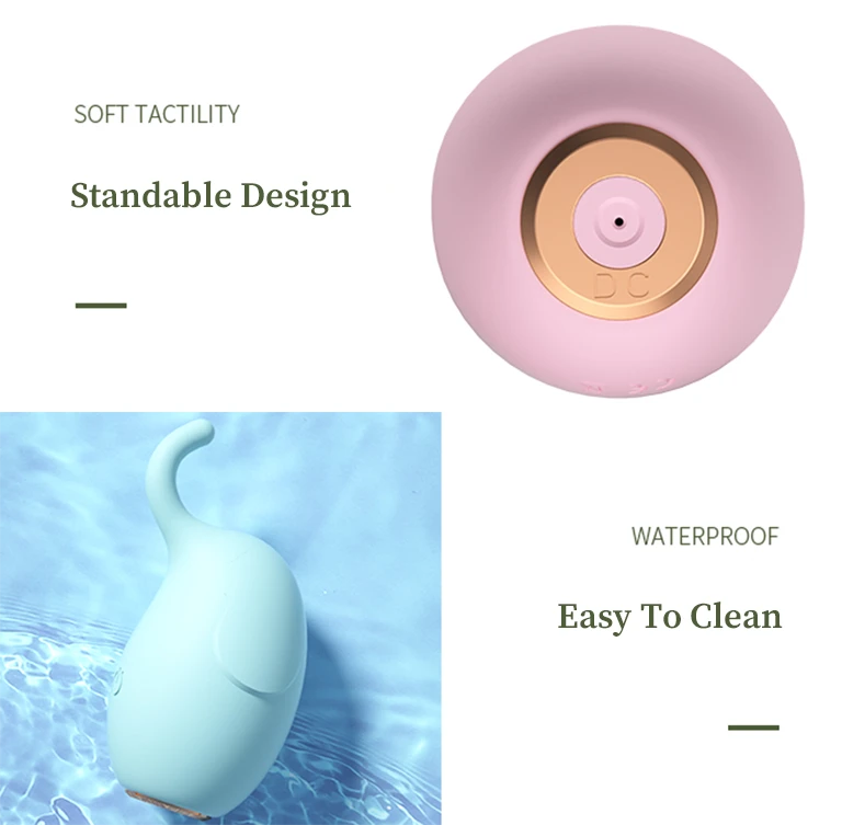 Detailed view of the standable base and the waterproof DC charging port, highlighting the easy-to-clean and hygienic design of these travel-friendly massagers.