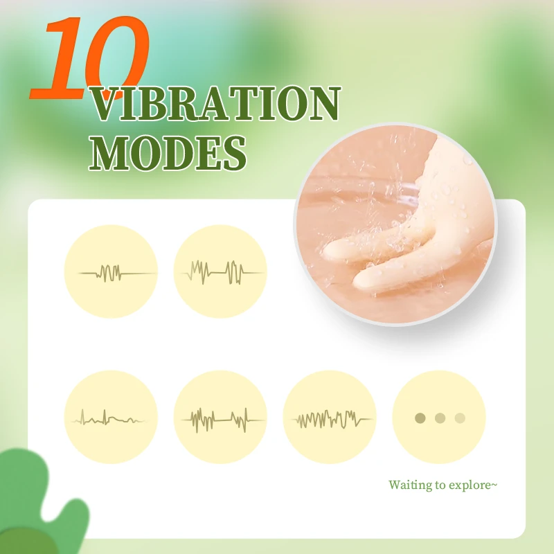 Infographic showing the 10 custom vibration modes and waterproof capabilities of the silicone intimacy tool under running water.