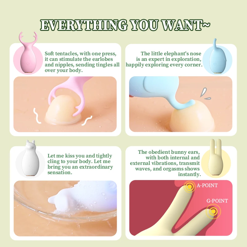 Functional guide illustrating the versatile uses of the deer antlers, elephant trunk, fox head, and bunny ears for targeted external and internal stimulation.