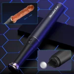 Product feature highlight showing the telescoping thrusting motion and the dual-ended tongue stimulation function.