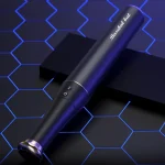 HH four-in-one baseball bat-themed massage wand on a modern blue hexagonal LED background for discreet storage.