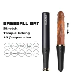 Infographic showcasing the 10-frequency vibration modes and telescopic stretching function of the baseball bat pleasure device.