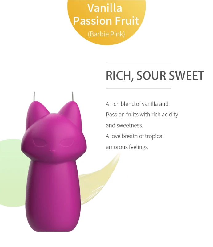 Barbie Pink fox sensory wax candle with a tropical vanilla and passion fruit scent for a sweet and sour aromatic experience.