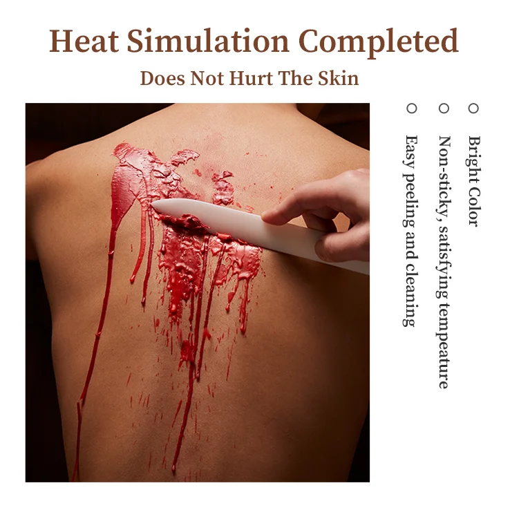 Product feature graphic showing a white spatula peeling cooled red wax from skin to demonstrate easy cleanup.