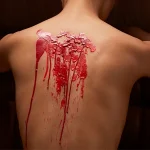 High-contrast shot of bright red skin-safe wax droplets on a torso, highlighting the "bright color" and "non-sticky" formula.