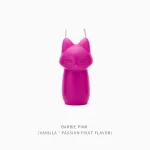 Professional studio shot of the Barbie Pink fox-shaped novelty candle featuring vanilla and passion fruit flavor notes.