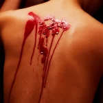 Artistic demonstration of red low-heat wax dripping down a person's back for safe temperature-play intimacy.