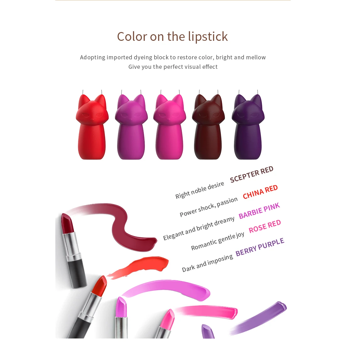 Infographic showing a vibrant color palette of animal-shaped drip candles including Scepter Red and Barbie Pink with matching lipstick swatches.