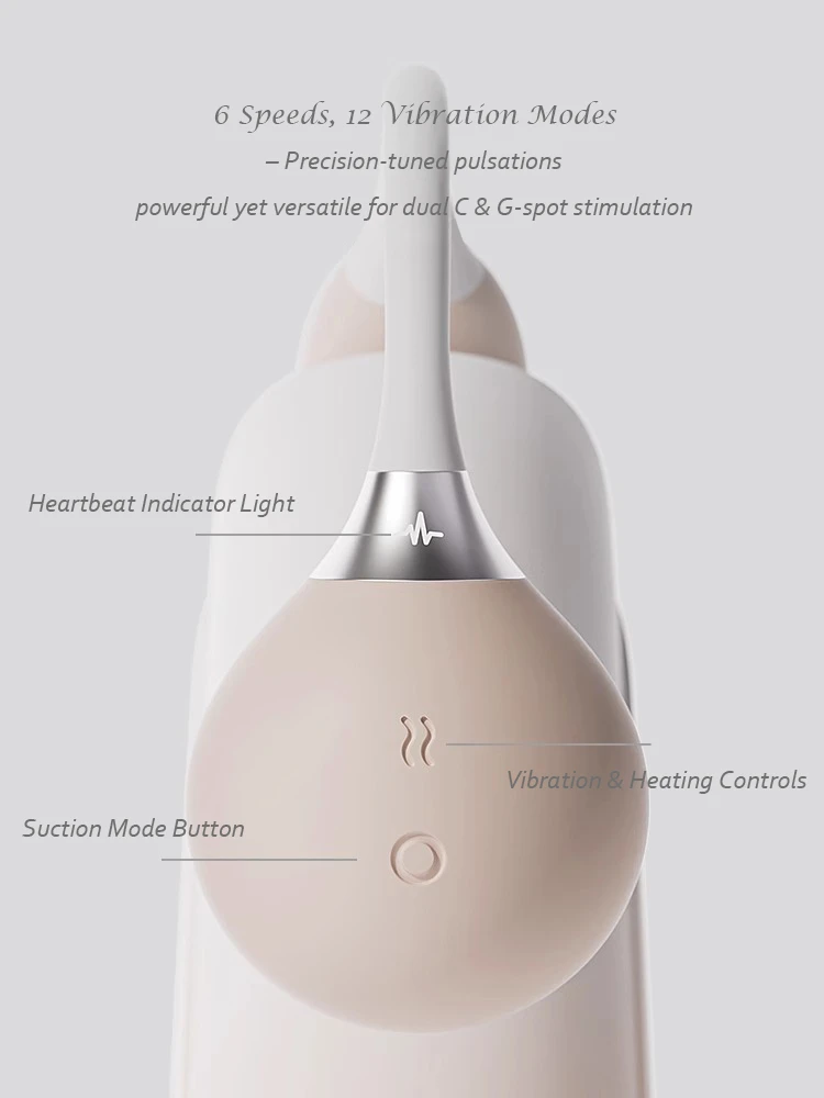 Technical layout of the interface showing the heartbeat indicator light, suction mode button, and dual vibration and heating controls.