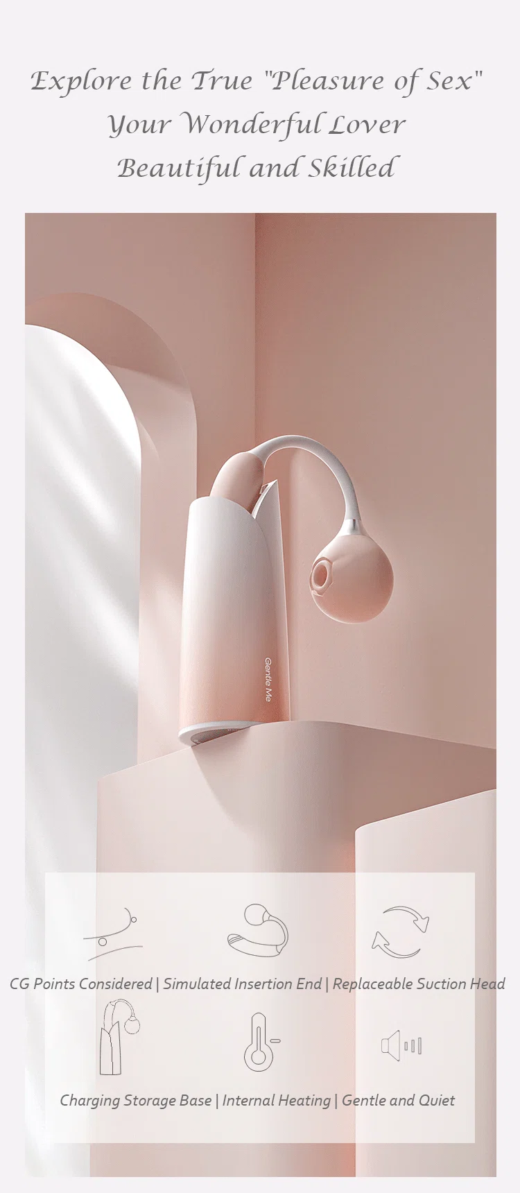 Infographic of the wellness massager highlighting features like internal heating, replaceable suction heads, and C-spot stimulation.