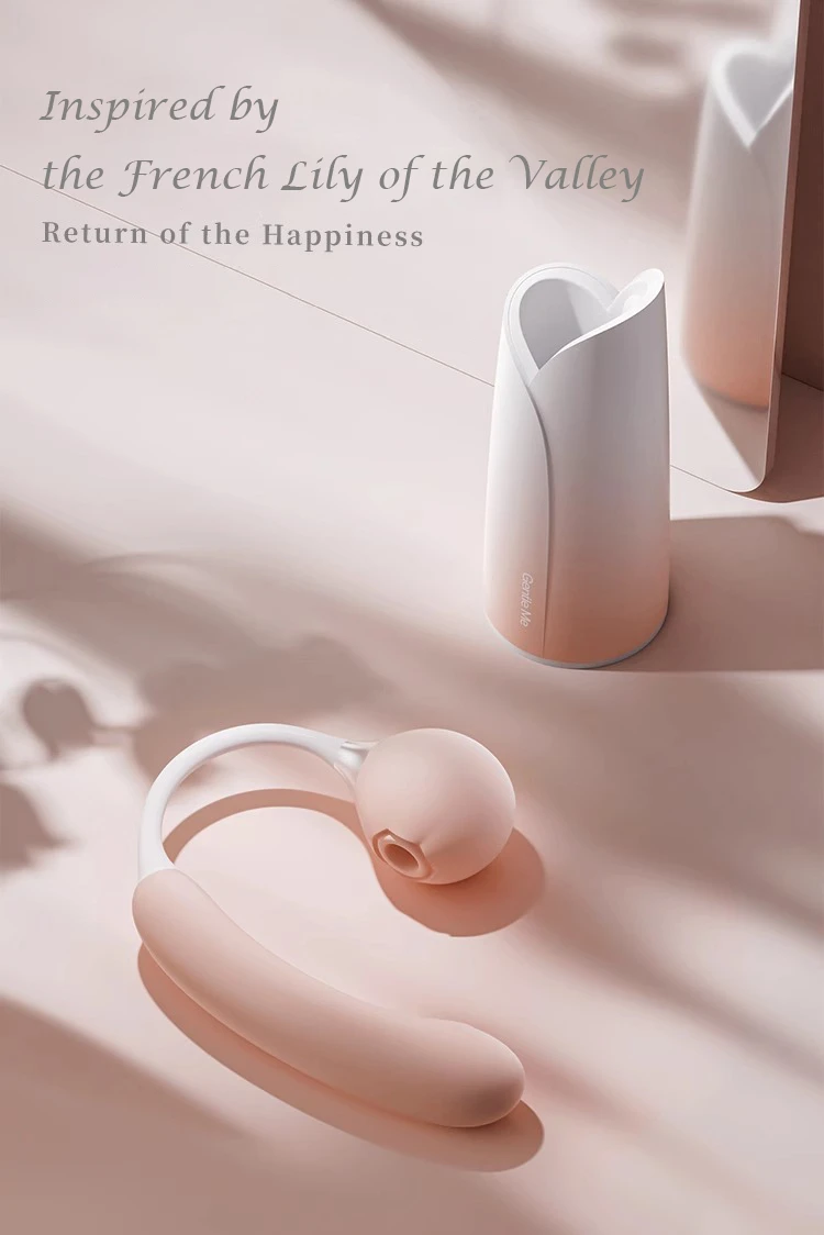 Elegant lifestyle shot of the clitoral suction toy and its decorative charging base, inspired by French Lily of the Valley design.