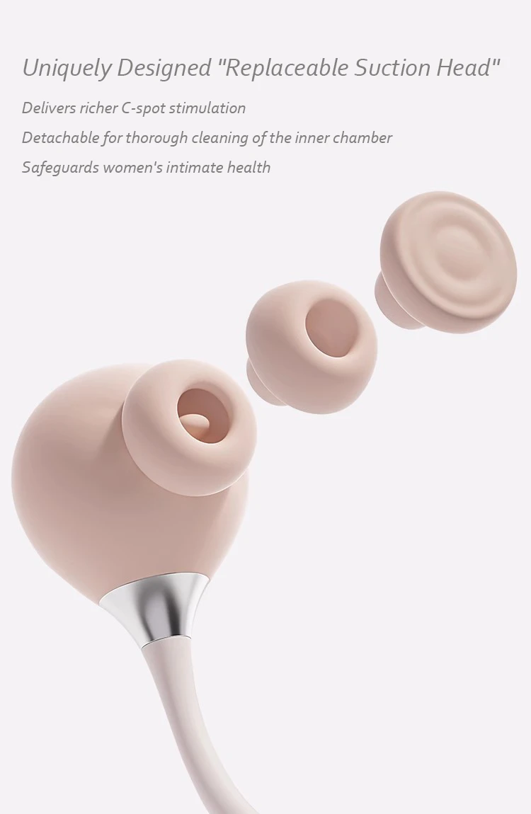 Close-up of the unique replaceable suction heads designed for varied clitoral stimulation and easy hygienic cleaning.