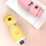 Top-down view of pink and yellow travel-friendly vibrators showing the integrated USB plug for cable-free charging.