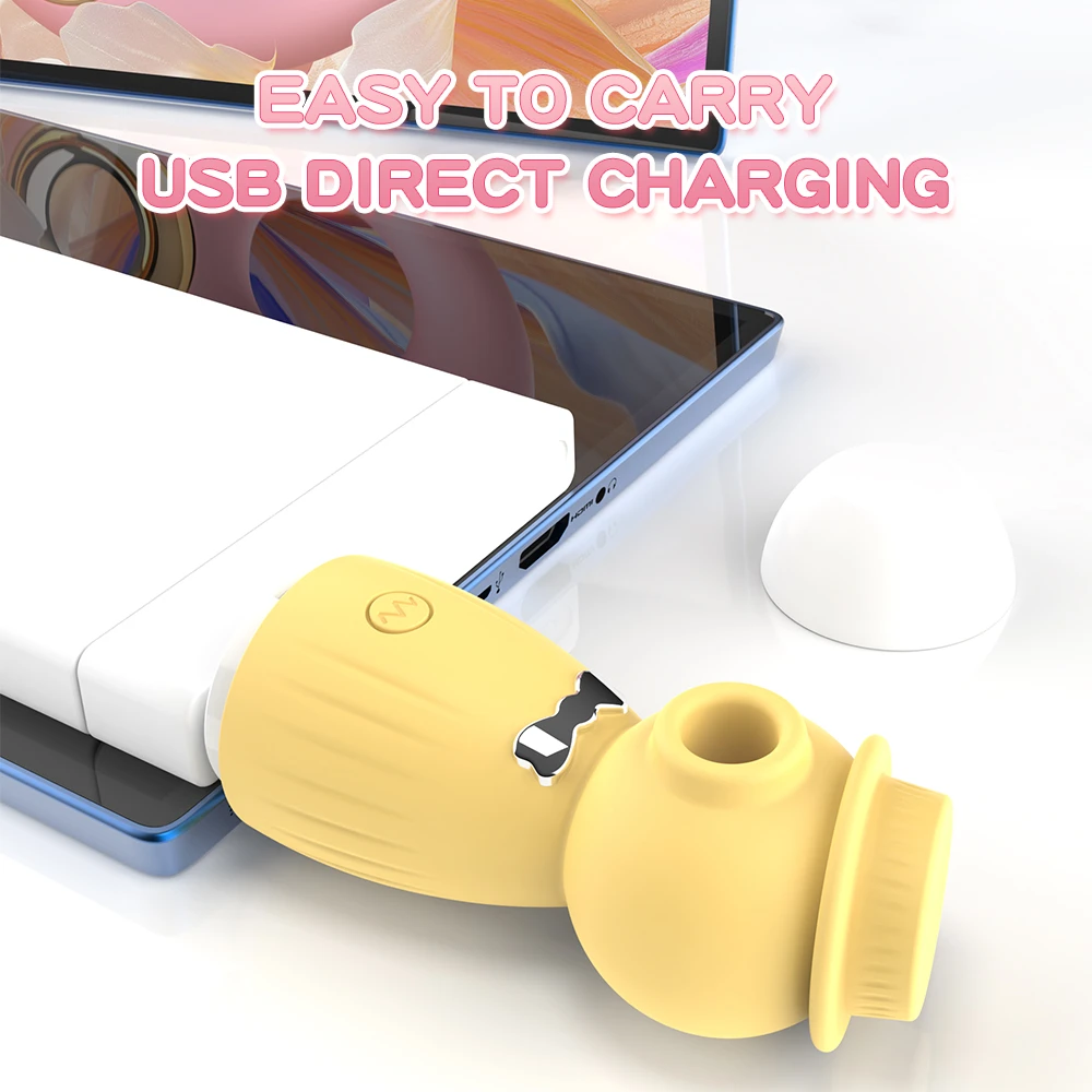 Portable yellow intimacy device plugged directly into a laptop port, showcasing the convenience of USB direct charging.