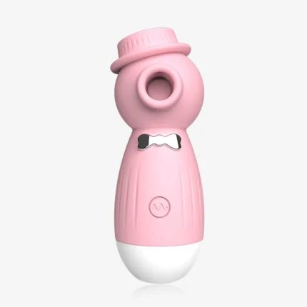 Front profile of the HH Gentleman suction massager in soft pink silicone, featuring an ergonomic hat and bow-tie aesthetic.