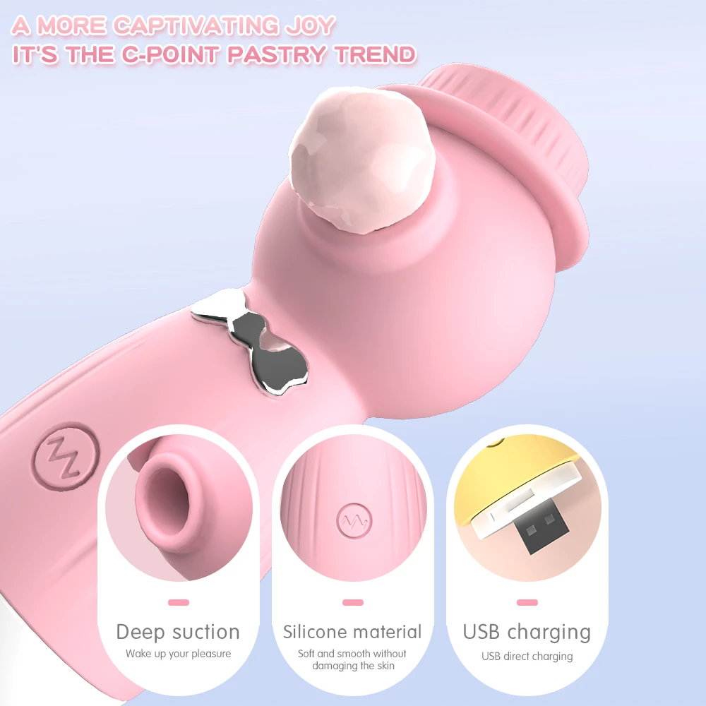 Close-up infographic of the HH Gentleman massager showing the deep suction nozzle, premium silicone material, and integrated USB direct charging port.