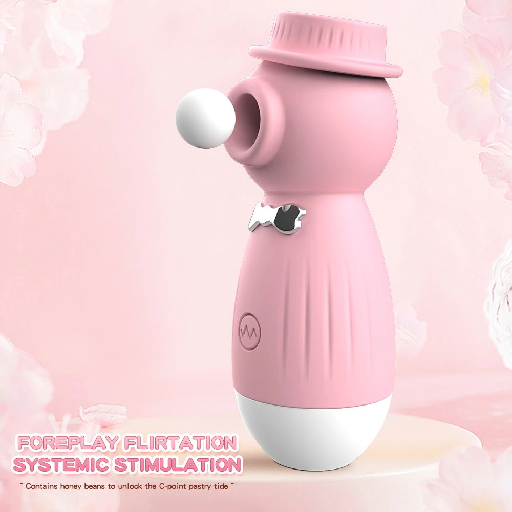 Close-up of the pink HH Gentleman suction vibrator featuring a "honey bean" stimulator for systemic foreplay flirtation.