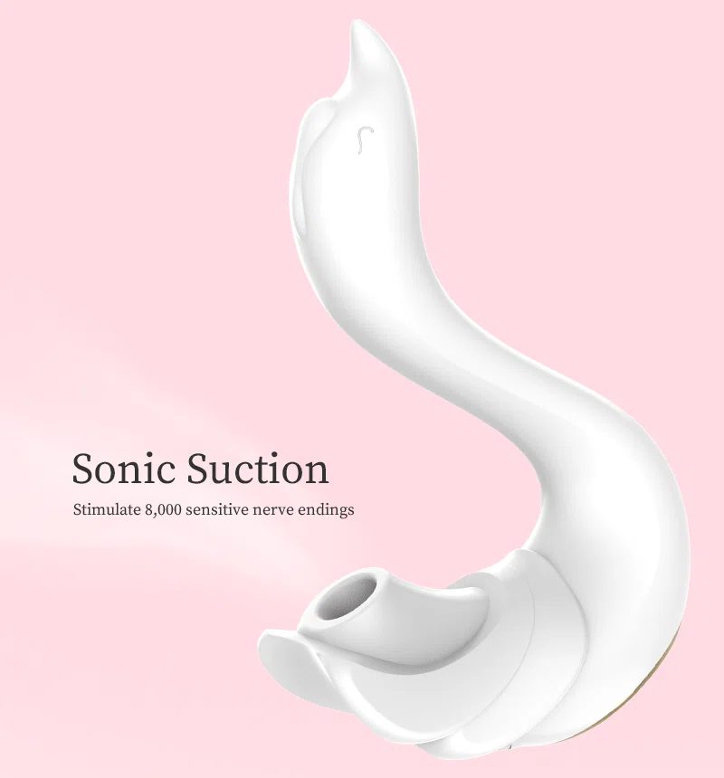 Close-up of a white swan-shaped clitoral stimulator featuring sonic suction technology for targeted nerve ending stimulation.