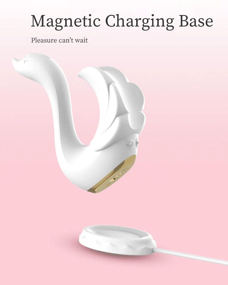 Graceful Swan pleasure device hovering above its magnetic charging base, highlighting convenient wireless power for intimate wellness.