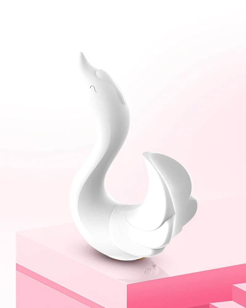 Side profile of a swan-inspired intimate massager, emphasizing the seamless integration of functional buttons and a gold-accented base.