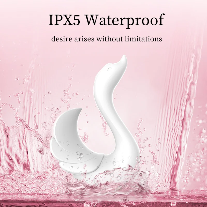 Infographic showing the white Graceful Swan pleasure device submerged in water, highlighting its IPX5 waterproof rating for versatile use in the shower or bath.