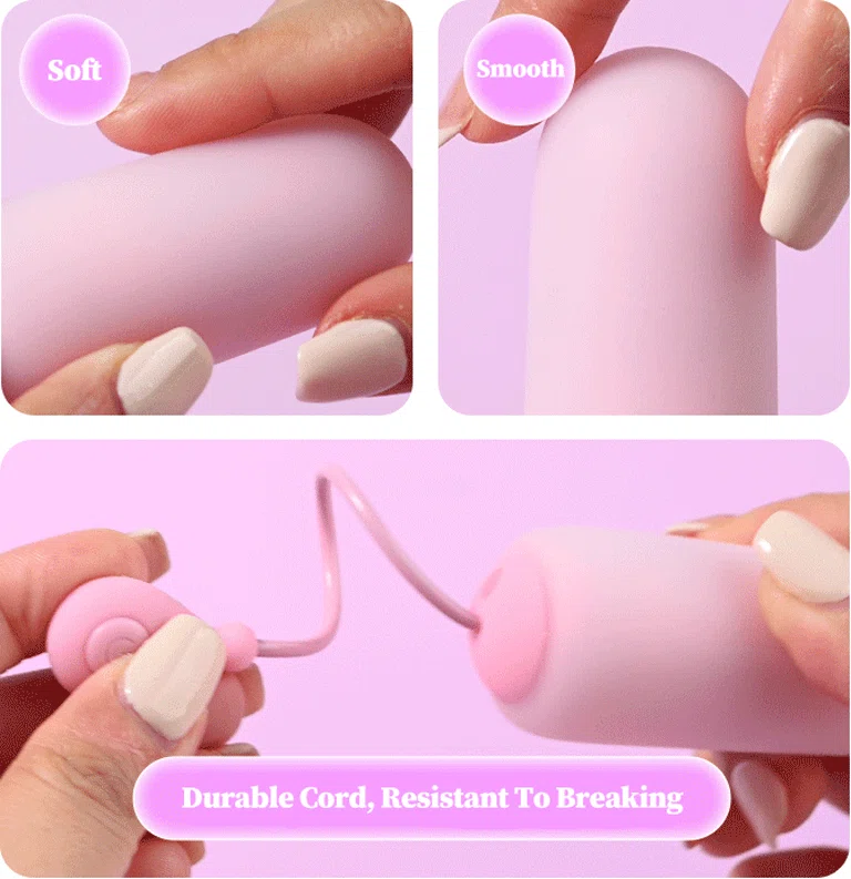 Close-up demonstration of the soft, skin-friendly silicone texture and durable integrated pull cord of the Gummy Bullet pleasure device.