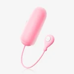 Studio shot of a pink handheld pleasure device with a minimalist one-button interface and a flexible connector, isolated on a clean white background.