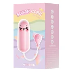 Product packaging for the Sugar Core Gummy Bullet, showcasing the playful "We Love" branding, safety certifications, and discreet gift box presentation.