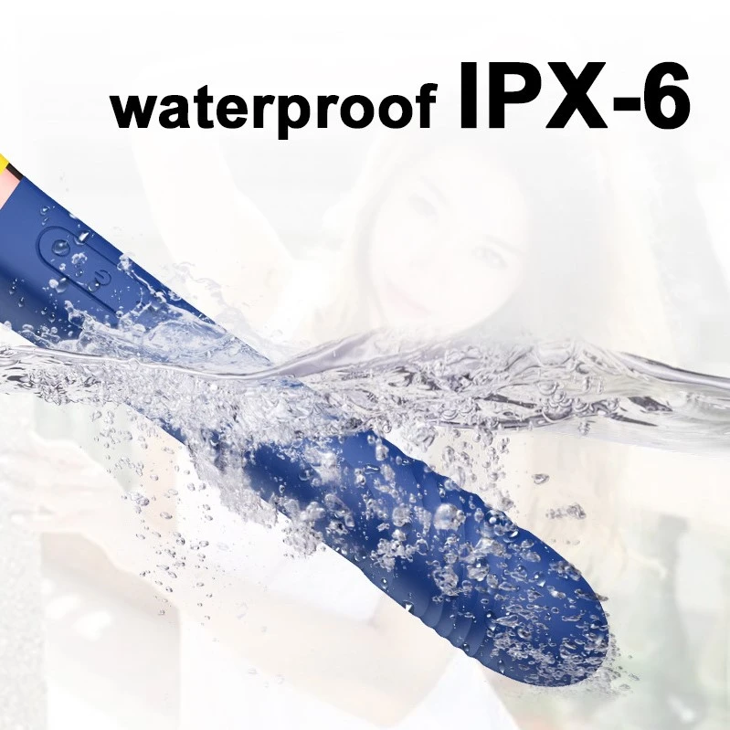 Waterproof IPX-6 rated hammer vibrator submerged in water to demonstrate splash-proof capability for bath and shower use.