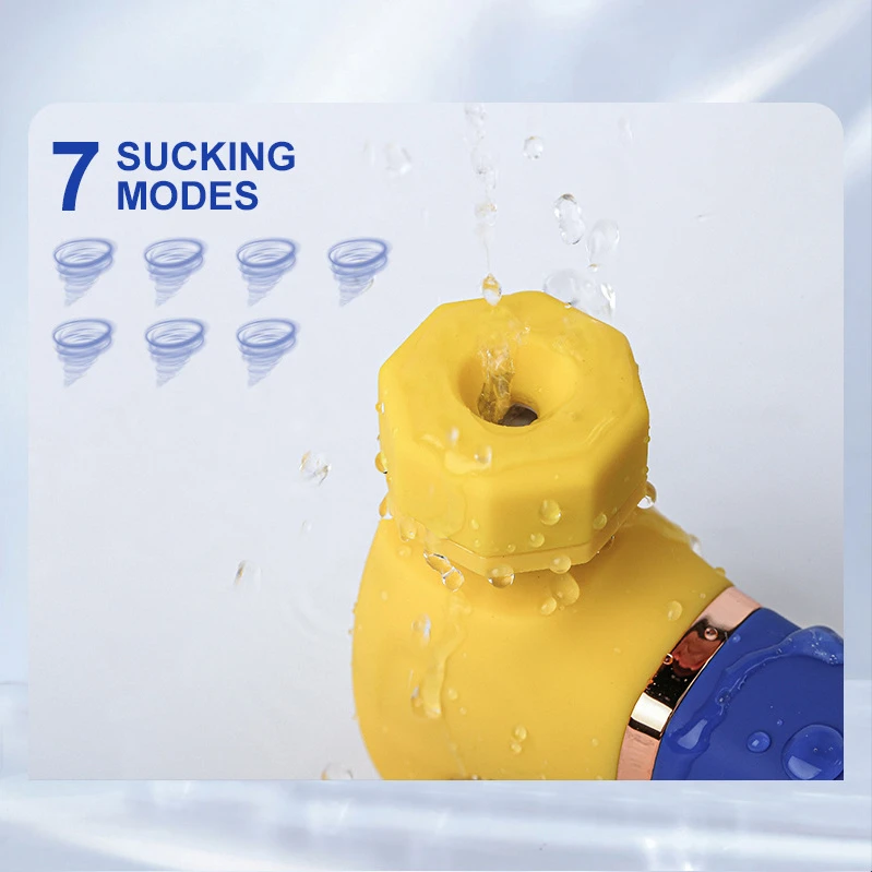 Close-up of the clitoral suction nozzle on a yellow massage wand, highlighting the 7 powerful sucking modes and IPX6 waterproof rating for aquatic use.