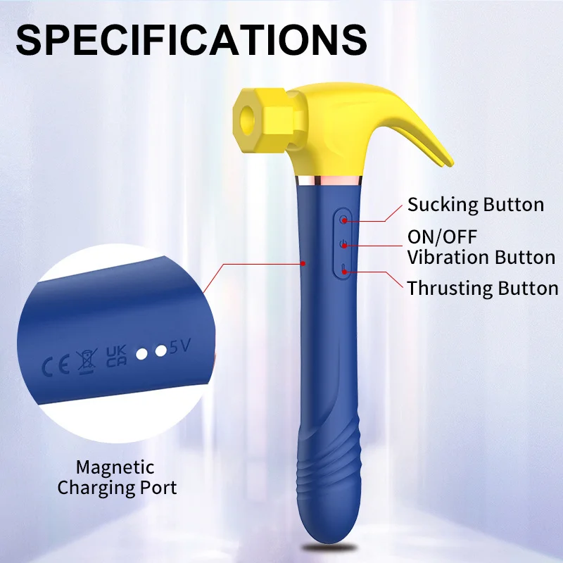 Technical specification diagram of the hammer clitoral stimulator, labeling the magnetic charging port, sucking intensity button, and independent thrusting controls.