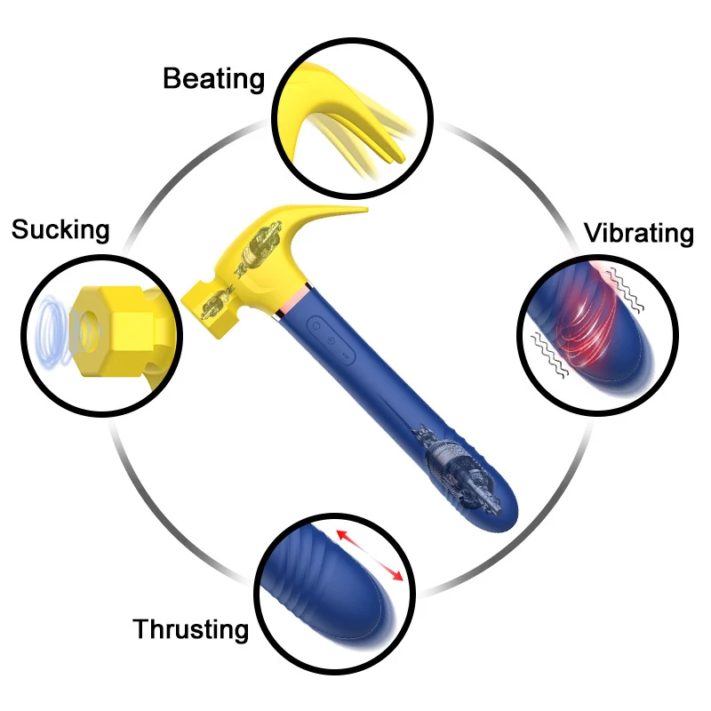 Feature overview of the 4-in-1 versatile adult toy, demonstrating the simultaneous beating, sucking, vibrating, and telescopic thrusting functions for targeted stimulation.