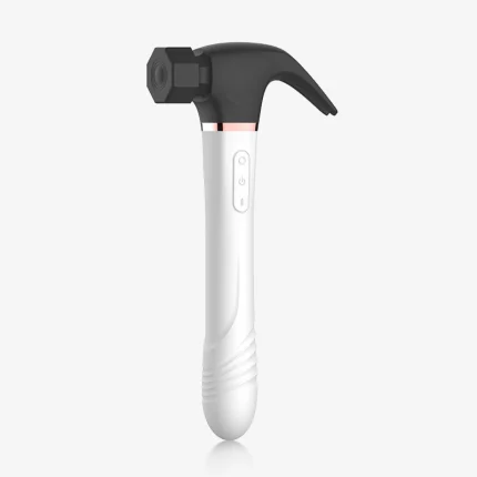 High-resolution studio shot of the white and black hammer-shaped intimacy tool focusing on the discreet power and mode buttons.