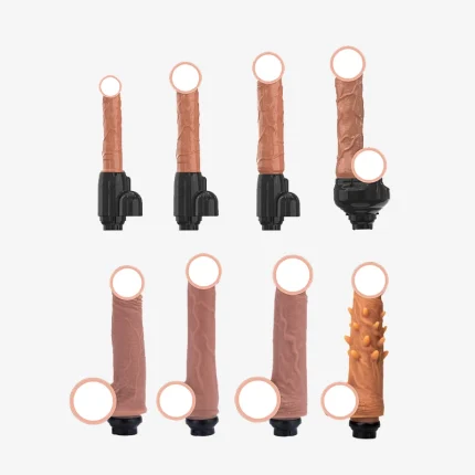 Collection of various silicone dildo attachments with different textures and sizes for the HH handbag sex machine.