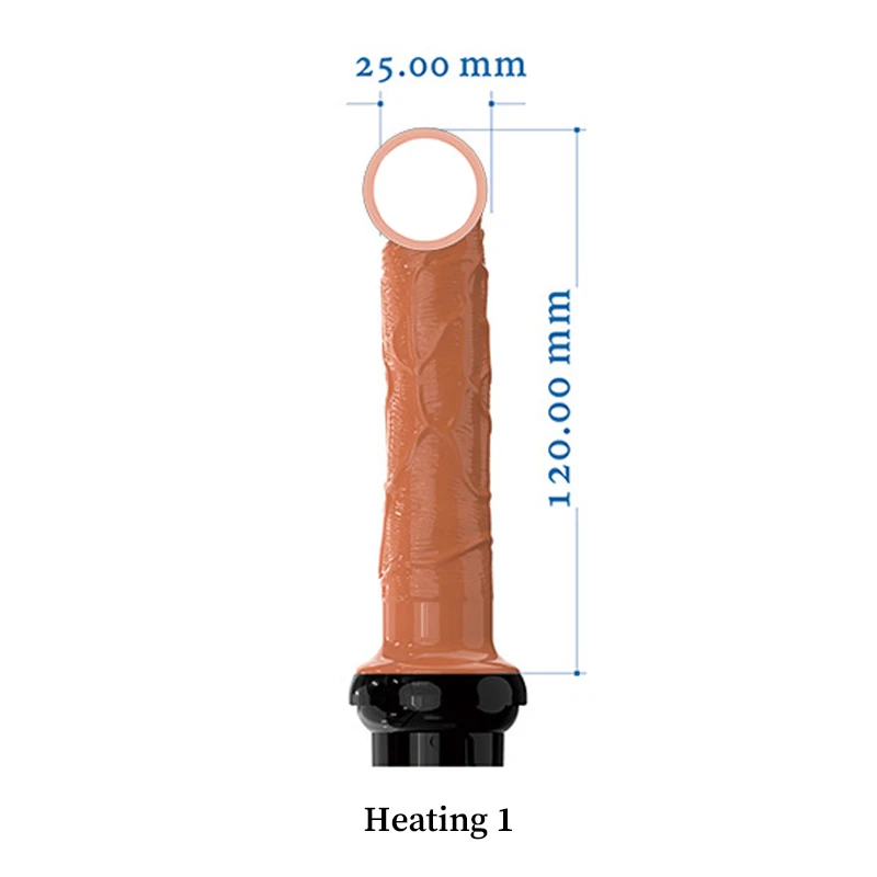 Internal heating dildo attachment with a 120mm length and 25mm diameter for realistic warmth during use.