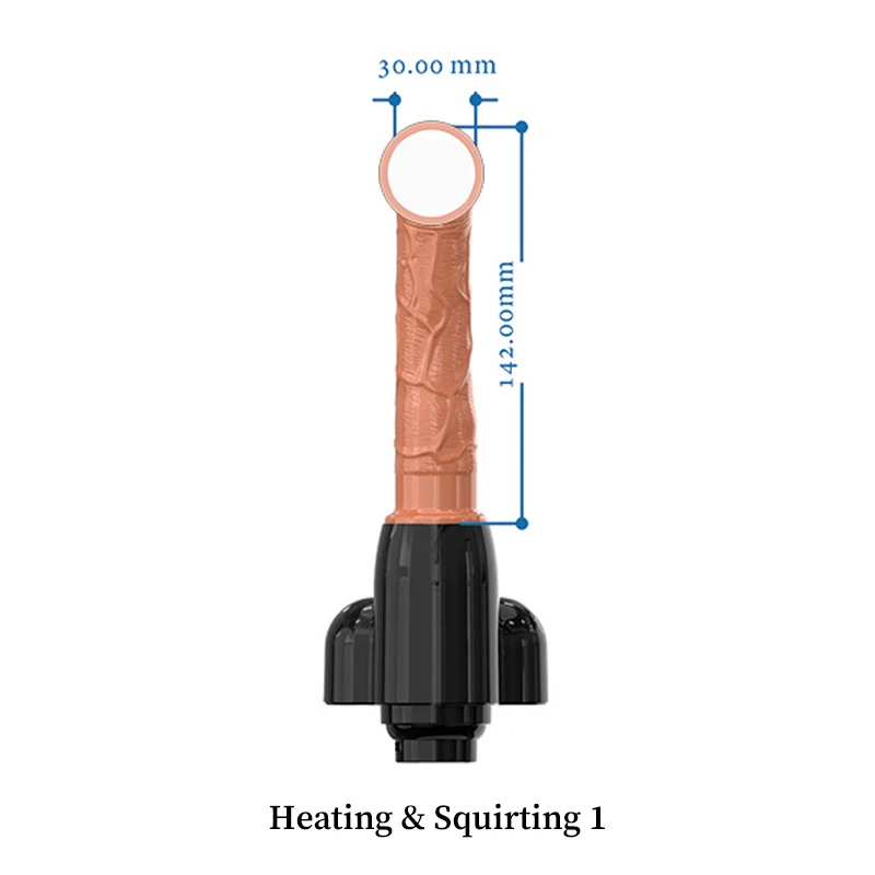 Multi-functional heating and squirting dildo nozzle featuring a 142mm insertable length and wide base for machine mounting.