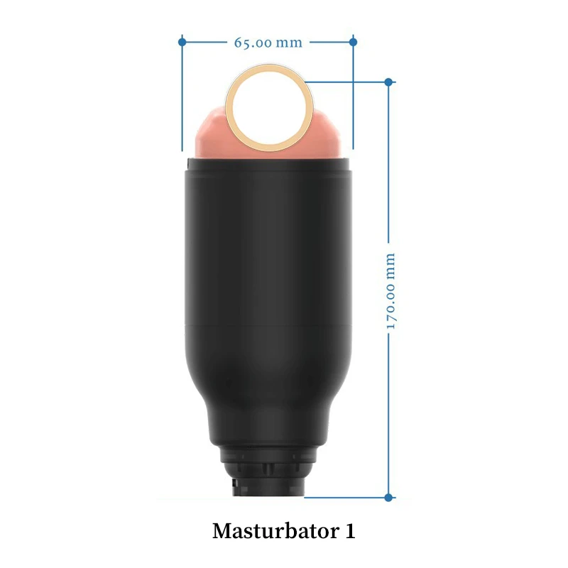 Ergonomic male masturbator sleeve attachment with 170mm depth and internal ribbing for automated stroking machines.