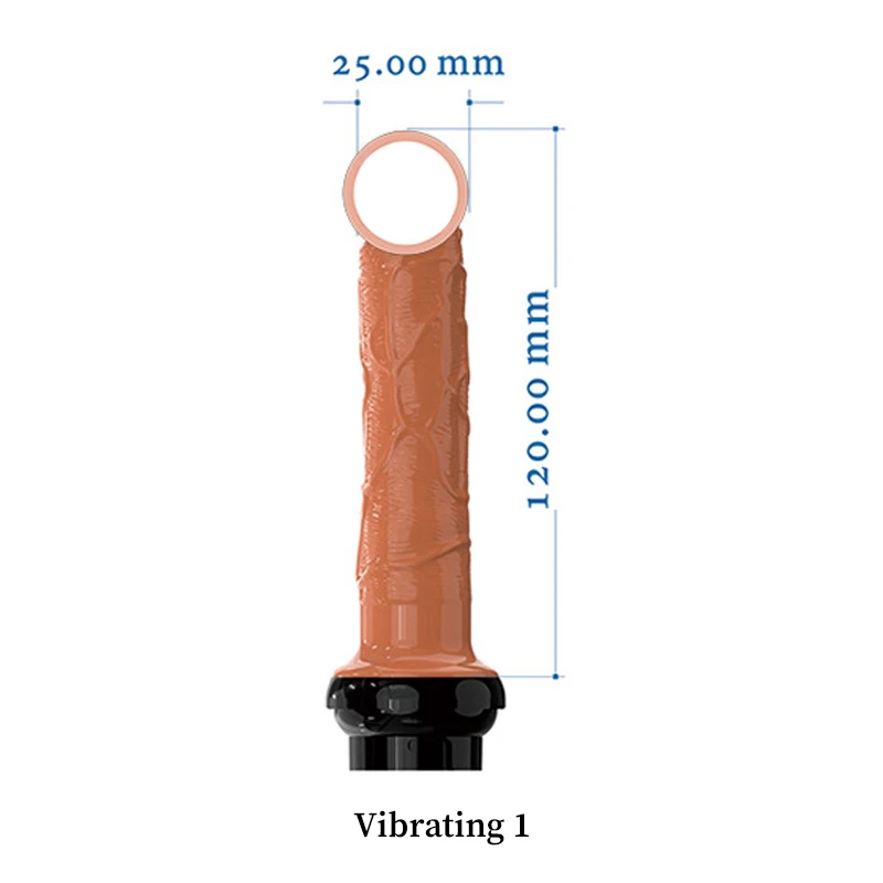 Vibrating 1 slimline attachment dimensions showing a 120mm length and 25mm diameter realistic texture for discreet pleasure machines.