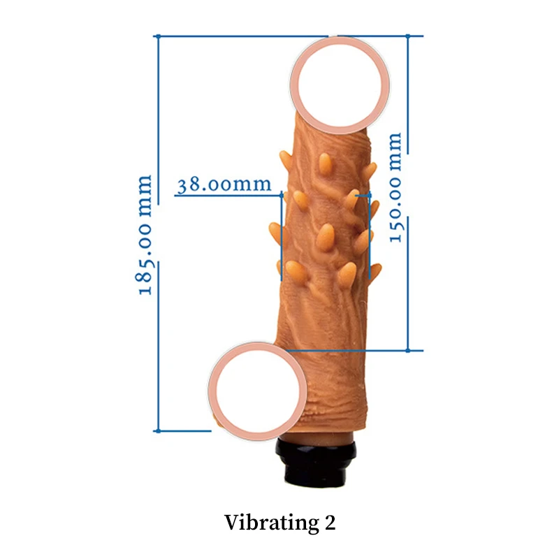 Ribbed and studded Vibrating 2 sleeve specifications illustrating the 185mm total height and intense 38mm textured girth for premium massage tools.