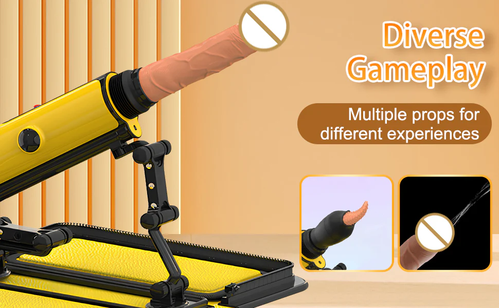 Close-up of versatile attachment heads for an automatic pleasure machine showing diverse stimulation textures and spray functions.