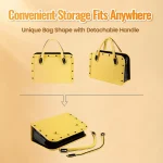 Infographic showing the discreet yellow handbag transformation with a detachable handle for convenient and private storage.