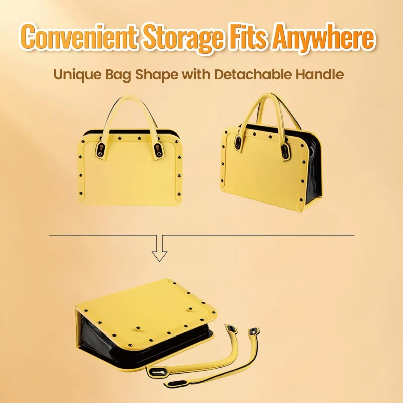 Infographic showing the discreet yellow handbag transformation with a detachable handle for convenient and private storage.