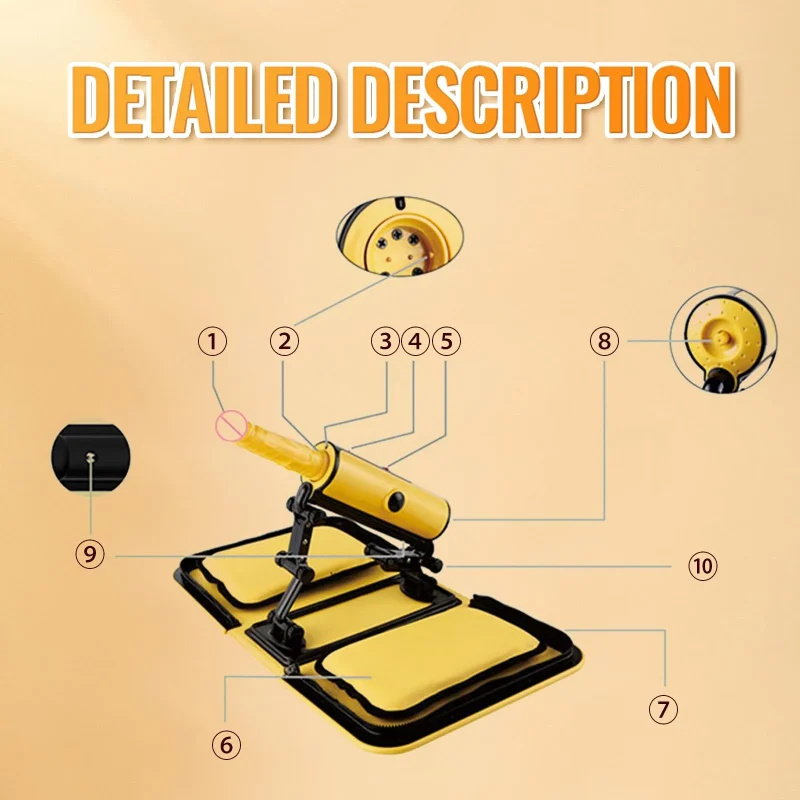 Detailed diagram of the automatic intimacy tool components including the telescopic motor, power interface, and multi-angle adjustment knobs.