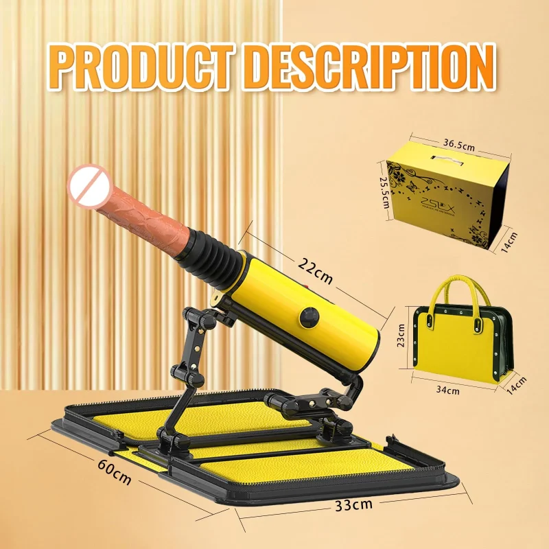 Dimensions and technical specifications of the portable pleasure machine and its discreet carrying case in centimeters.