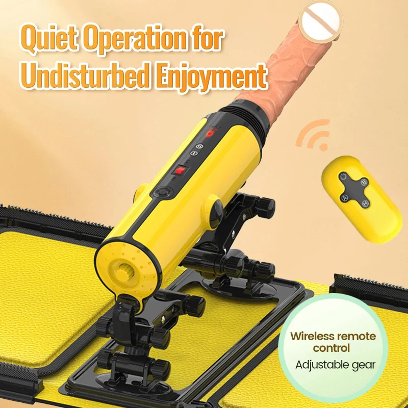 Adjustable automatic pleasure device in vibrant yellow featuring a wireless remote control for seamless undisturbed enjoyment.