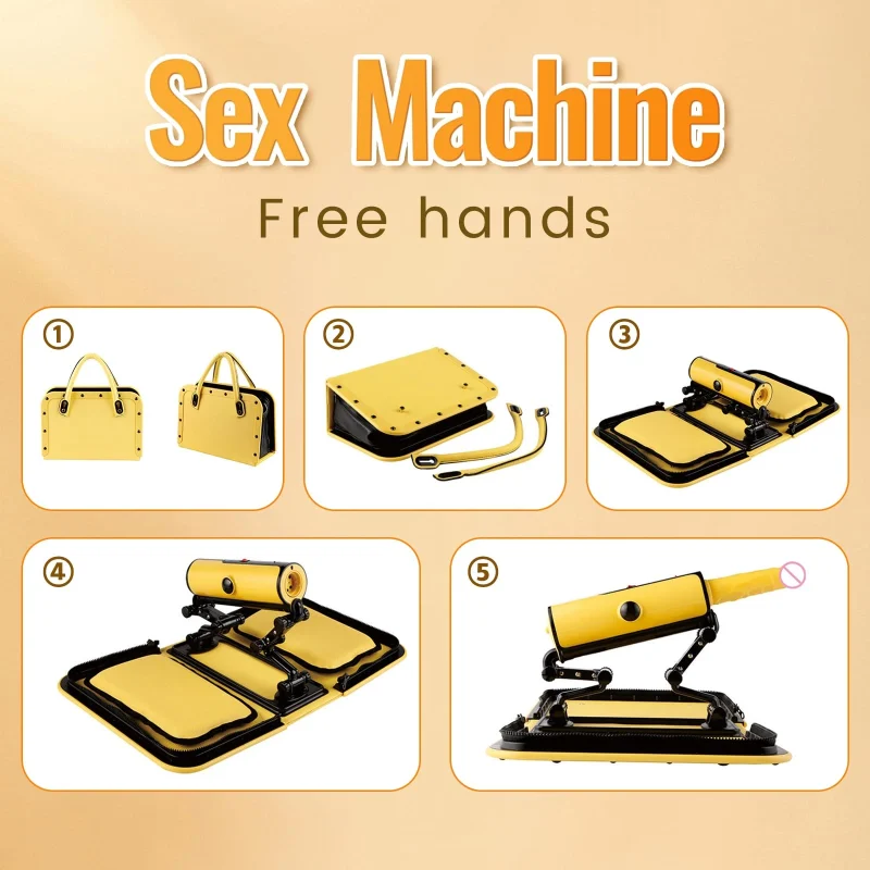 Five-step infographic demonstrating the transformation from a stylish yellow handbag to a fully functional hands-free massage machine.