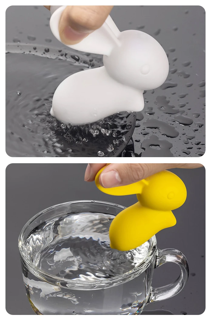 Demonstration of the easy-to-clean silicone surface of the bunny vibrator being rinsed in water and dipped in a glass for hygiene maintenance.